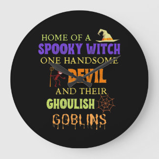 Family Halloween Quote With Witch Devil Spider Web Large Clock