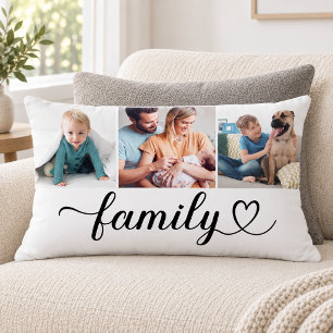 Family Heart Script 3 Photo Collage Lumbar Cushion
