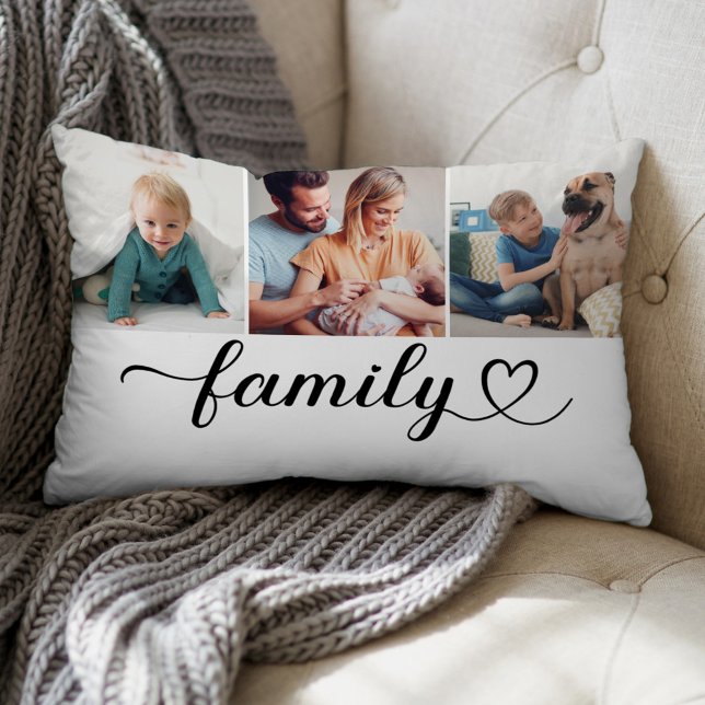 Family Heart Script 3 Photo Collage Lumbar Cushion (Creator Uploaded)
