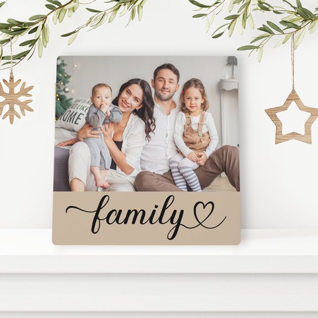Family Heart Script Beige Photo Display Plaque (Creator Uploaded)