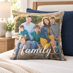 Family Heart Script Photo White Text Cushion
