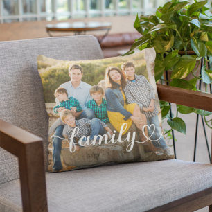 Family Heart Script Photo White Text Cushion