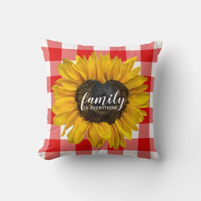 Family Heart Sunflower on Buffalo Plaid   Cushion (Front)