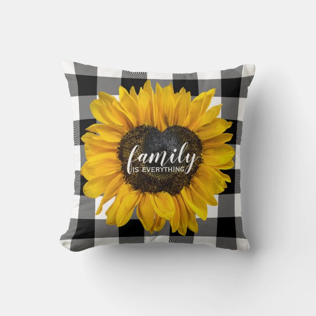 Family Heart Sunflower on Buffalo Plaid Cushion (Front)