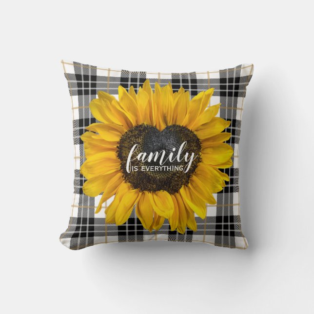 Family Heart Sunflower on Tartan Plaid Cushion (Front)