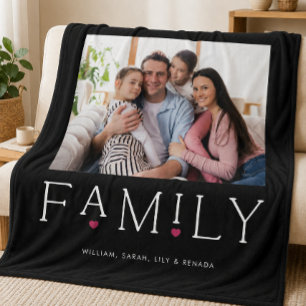 Family Heart Typography Black Photo Fleece Blanket