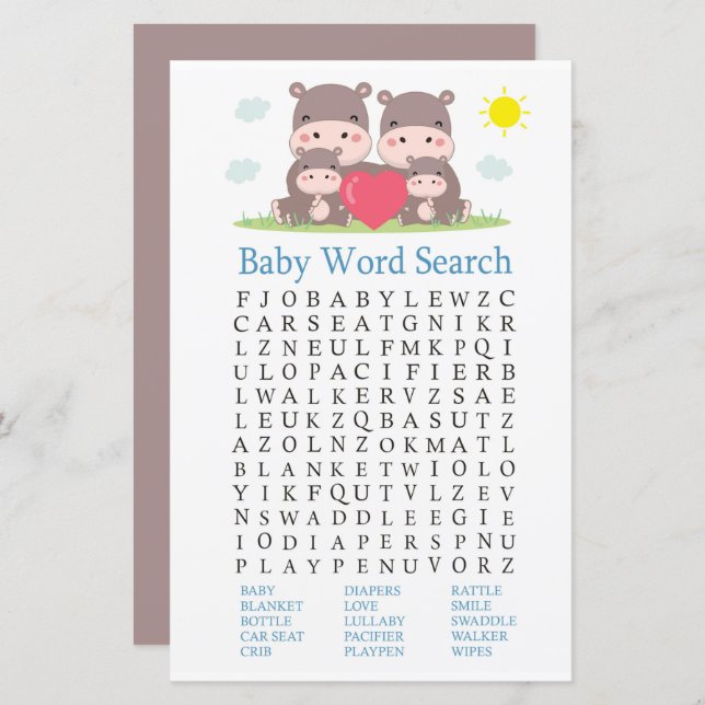 Family hippo Baby Shower Word Search Game (Front/Back)