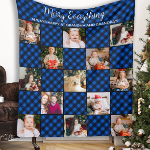 Family Holiday Blue Patchwork Plaid Photo Collage Fleece Blanket