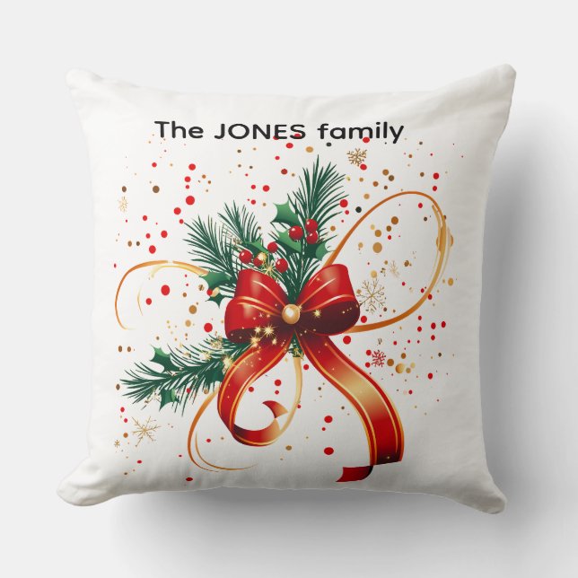 Family Holiday Bow Classic White Throw Pillow (Front)