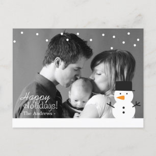 Family Holiday Greeting with Cute Snowman and Snow