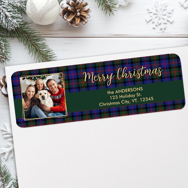 Family Holiday Plaid Gold Photo Return Address (Creator Uploaded)