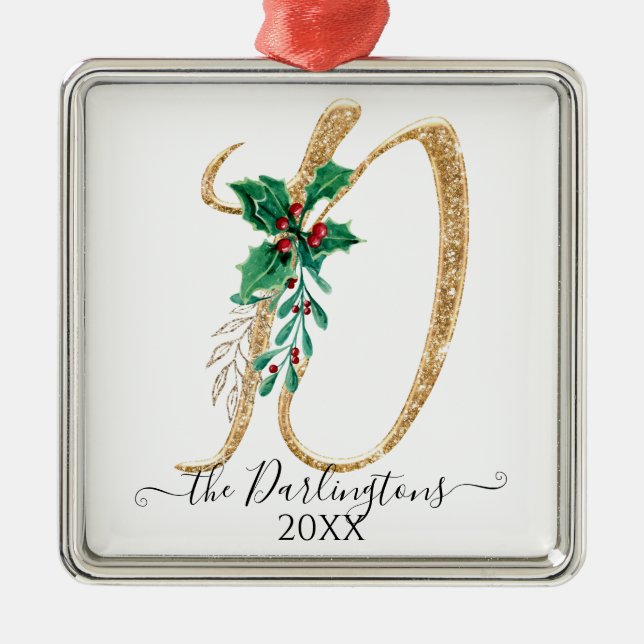 Family Holly Christmas Gold Glitter Monogram D Metal Tree Decoration (Front)