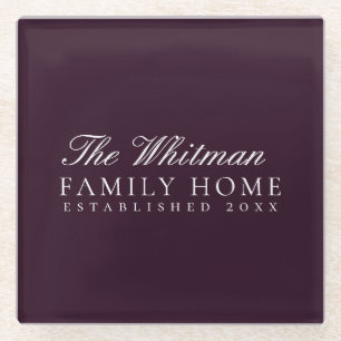 Family Home Name Classic Plum Burgundy Glass Coaster