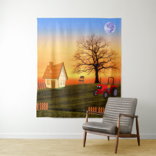 Family House in the Middle of a Farm - Sunset Tree Tapestry