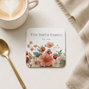 Family Housewarming Gift Floral Berry Square Paper Coaster