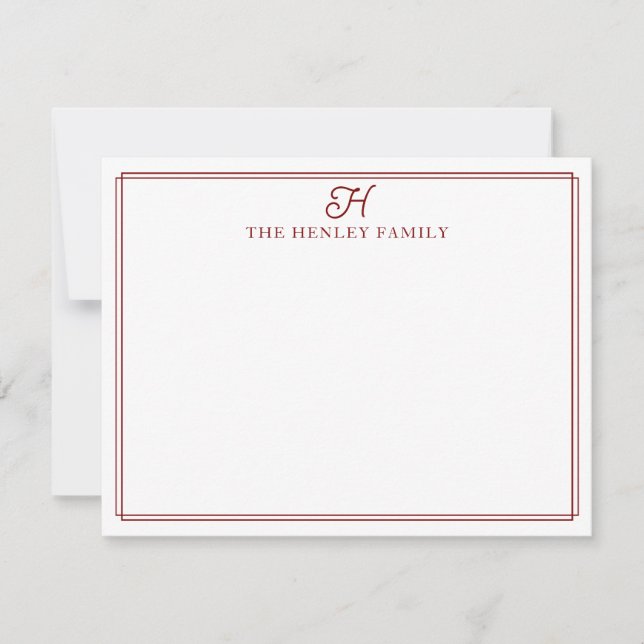 Family Initial Dark Red Border Monogram Stationery Card (Front)
