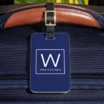 Family Initial Monogram Couple Names Luggage Tag<br><div class="desc">An elegant monogram design on navy blue background with square border,  personalised with your family initial and first names...  to easily identify your baggage</div>