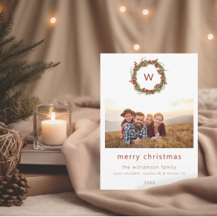 Family Initial Photo Christmas Wreath Holiday Card