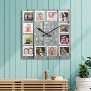 Family Is Everything 12 Photo Collage Gray Wood Square Wall Clock