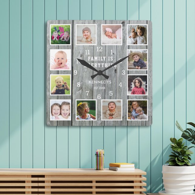 Family Is Everything 12 Photo Collage Grey Wood   Square Wall Clock (Creator Uploaded)