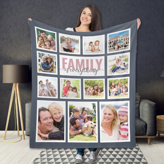 Family is Everything Blue Pink Photo Collage Fleece Blanket (Creator Uploaded)
