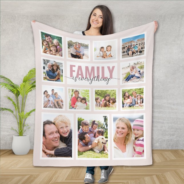 Family is Everything Blush Pink Photo Collage Fleece Blanket (Creator Uploaded)