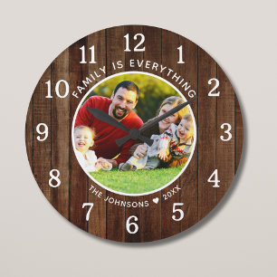 Family Is Everything Photo Name Brown Pallet Wood Large Clock