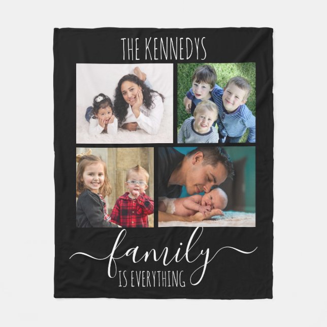 Family Is Everything Quote 4 Photo Collage Black Fleece Blanket (Front)