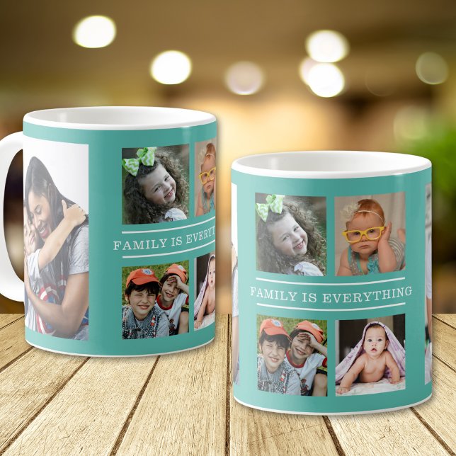 Family Is Everything Quote 6 Photo Collage Teal Coffee Mug (Creator Uploaded)