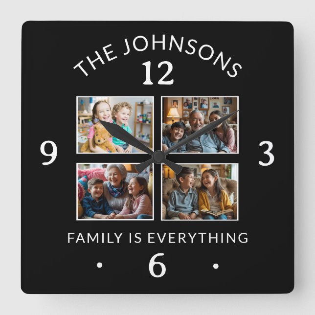 Family Is Everything Quote Name 4 Photo Collage Square Wall Clock (Front)