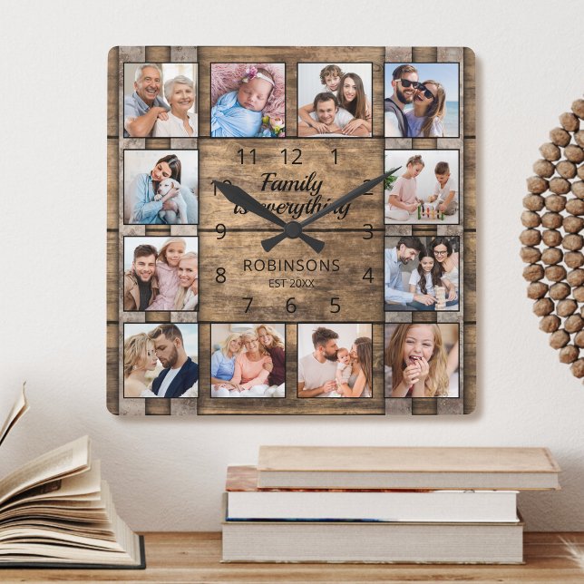 Family Is Everything Quote Photo Collage Barrel Square Wall Clock (Creator Uploaded)