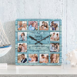 Family Is Everything Quote Photo Collage Blue<br><div class="desc">Easily create your own personalised blue rustic driftwood planks lake house style wall clock with your custom photos. The design also features a beautiful handwritten script quote: "Family is everything". For best results,  crop the images to square - with the focus point in the centre - before uploading.</div>