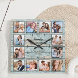 Family Is Everything Quote Photo Collage Blue<br><div class="desc">Easily create your own personalized blue rustic driftwood planks lake house style wall clock with your custom photos. The design also features a beautiful handwritten script quote: "Family is everything". For best results,  crop the images to square - with the focus point in the center - before uploading.</div>