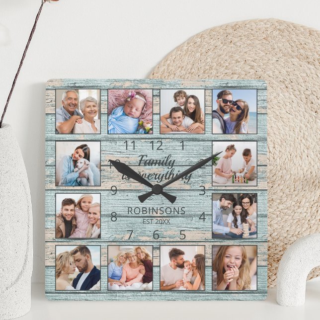 Family Is Everything Quote Photo Collage Blue Square Wall Clock (Creator Uploaded)