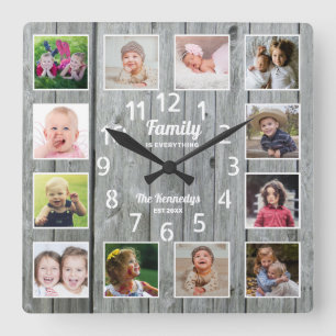 Family Is Everything Quote Photo Collage Grey Wood Square Wall Clock