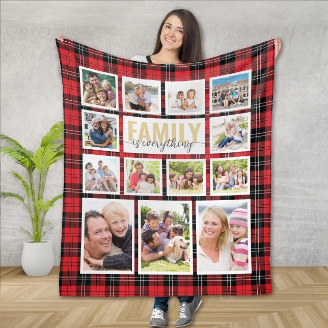 Family is Everything Red Black Plaid Photo Collage Fleece Blanket (Creator Uploaded)