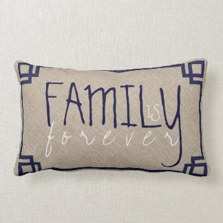Family Is Forever Beige Linen & Blue Frame Lumbar Cushion