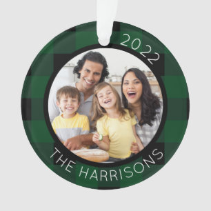 FAMILY IS LOVE (on back) Green/Black Plaid 2-Photo Ornament