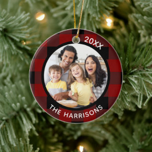 FAMILY IS LOVE (on back) Red & Black Plaid 2-Photo Ceramic Tree Decoration