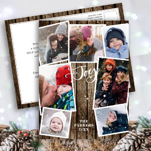 FAMILY JOY   Snow & Vintage Wood 7 Photo Collage Holiday Postcard