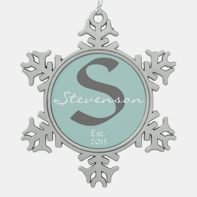 Family Keepsake Ornament, Name, Year, Grey on Blue Snowflake Pewter Christmas Ornament (Front)