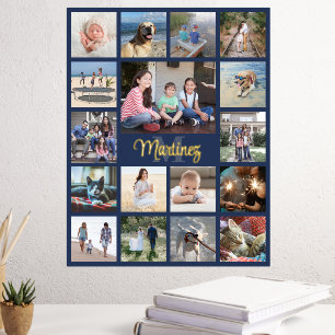Family Keepsake Photo Collage Navy Blue and Real Foil Prints