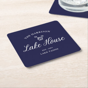 Family Lake House Coastal Custom Decor Square Paper Coaster
