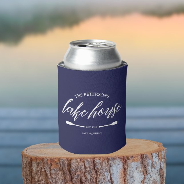 Family Lake House Coastal Nautical Navy Blue Oar Can Cooler (Lake House Custom Can Cooler Summer Family Vacation )