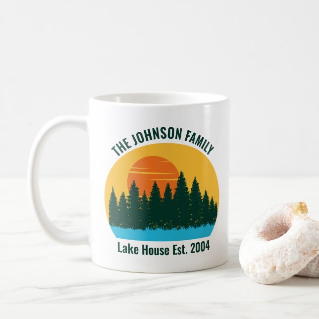 Family Lake House Cute Customised Sunset Coffee Mug (With Donut)