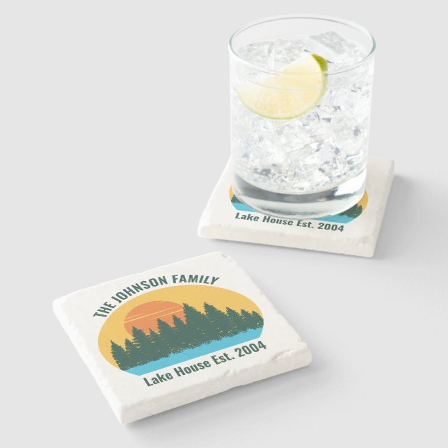 Family Lake House Cute Customised Sunset Stone Coaster (Side)