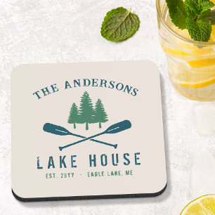 Family Lake House Modern Rustic Boat Oar Pine Tree Coaster