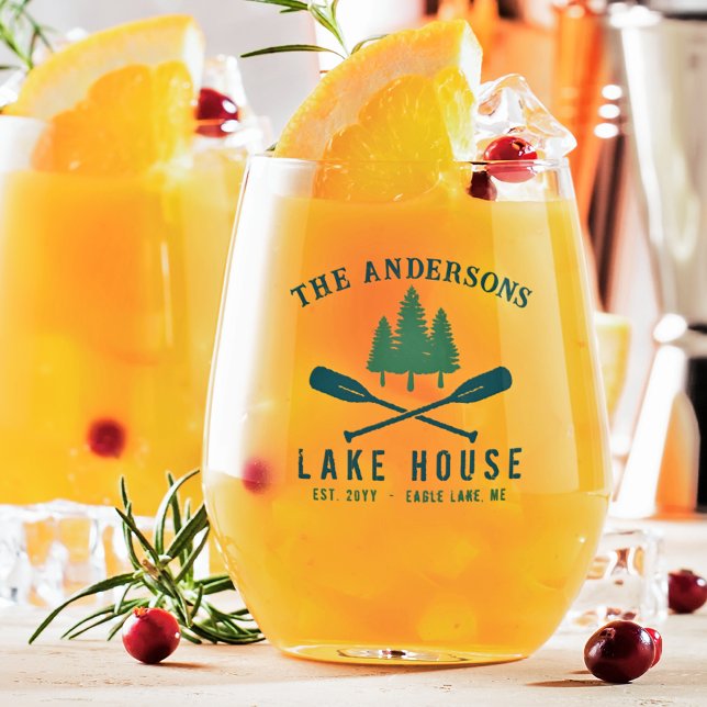 Family Lake House Modern Rustic Boat Oar Pine Tree Stemless Wine Glass (Creator Uploaded)