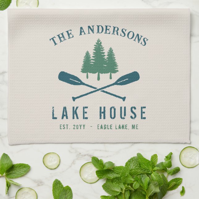 Family Lake House Modern Rustic Boat Oar Pine Tree Tea Towel (Folded)