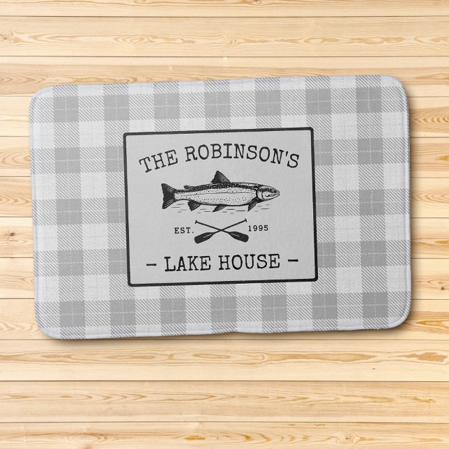 Family Lake House Oars Fish Rustic White Plaid Bath Mat (Creator Uploaded)